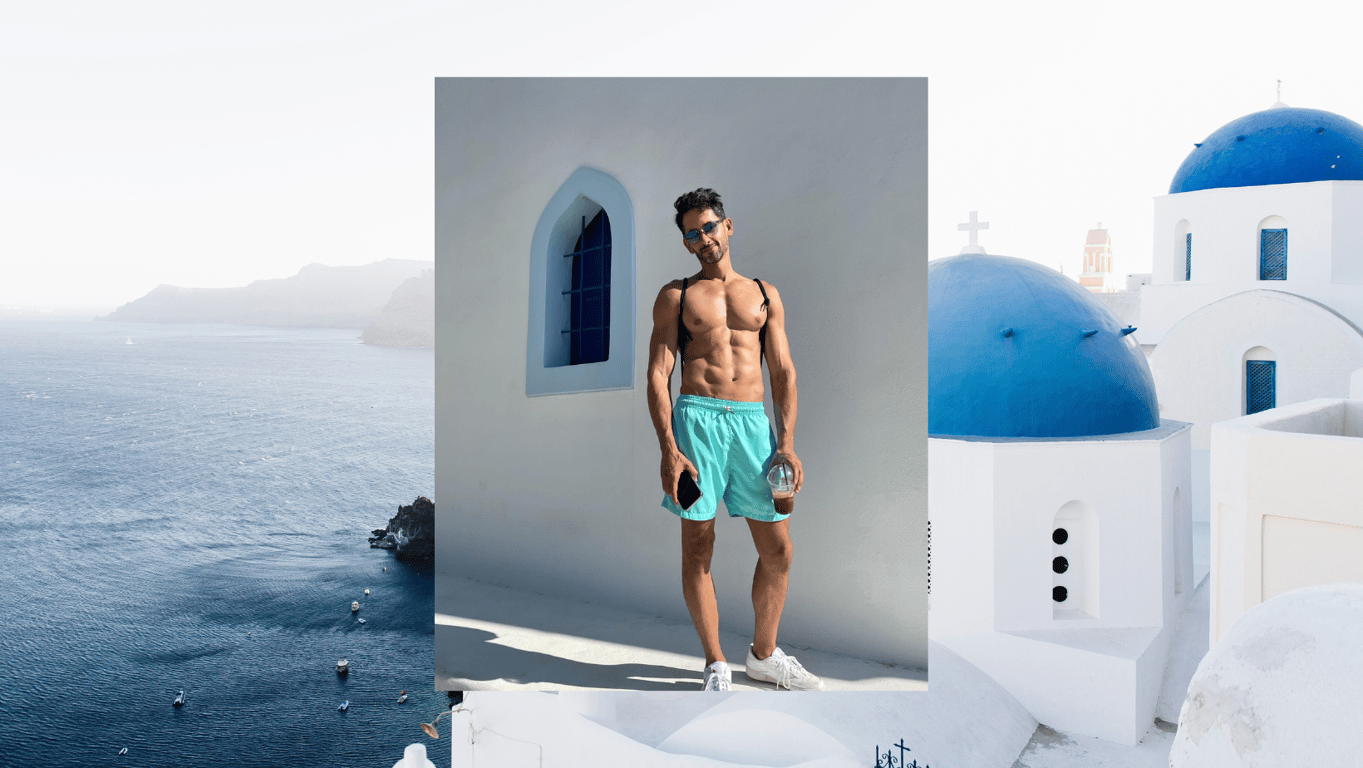 How to Stay Fit While Traveling, With Expert Tips From Barry’s Chief Instructor | Matthew Griffin in Greece | Open plane window with man sleeping in chair | Woman running on the beach | Apple watch with white band during workout | Workout band and dumbbells | Matthew Griffin working out in Barry's gym | Outdoor food farmers market | Matthew Griffin, the chief instructor at Barry’s New York City