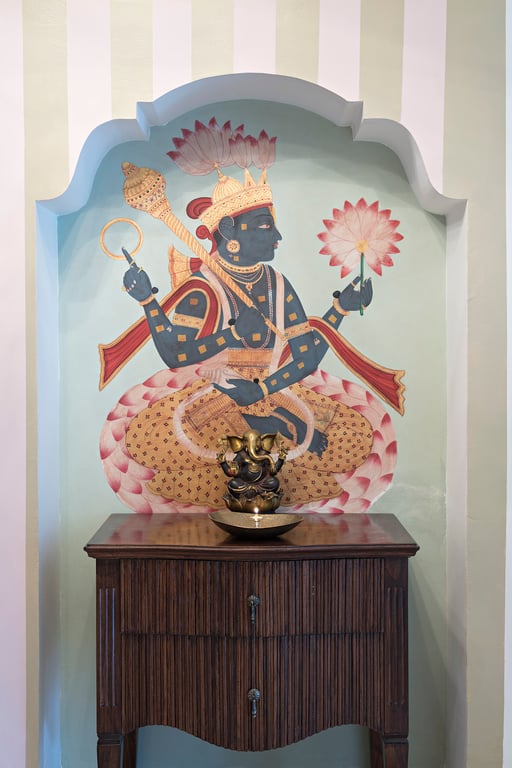 This Indian Boutique Hotel in Jodhpur Feels Like Your Friend’s Sumptuous Estate | The Rohet House decor | The Rohet House hallway | The Rohet House bedroom | The Rohet House dining room | The Rohet House living room | The Rohet House outdoor pool