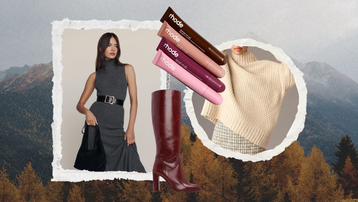 A Guide to the Ultimate Women's Fall Fashion Travel Capsule | Evangee-Wide-Calf-Boot-by-Vince-Camuto | Odelia-Cashmere-Midi-Dress-by-Reformation | Oversized-Wool-Coat-by-MANGO | Prima-Bag-by-House-of-Sunny-by-REVOLVE | Round-Topaz-Hoops-by-Mejuri | Ultimate Women's Fall Fashion Travel Capsule | The-‘90s-Straight-Jean-by-Madewell | The-Dakota-Oversized-Turtleneck-Sweater-by-Anthropologie | The-Peptide-Lip-Tints-by-RHODE