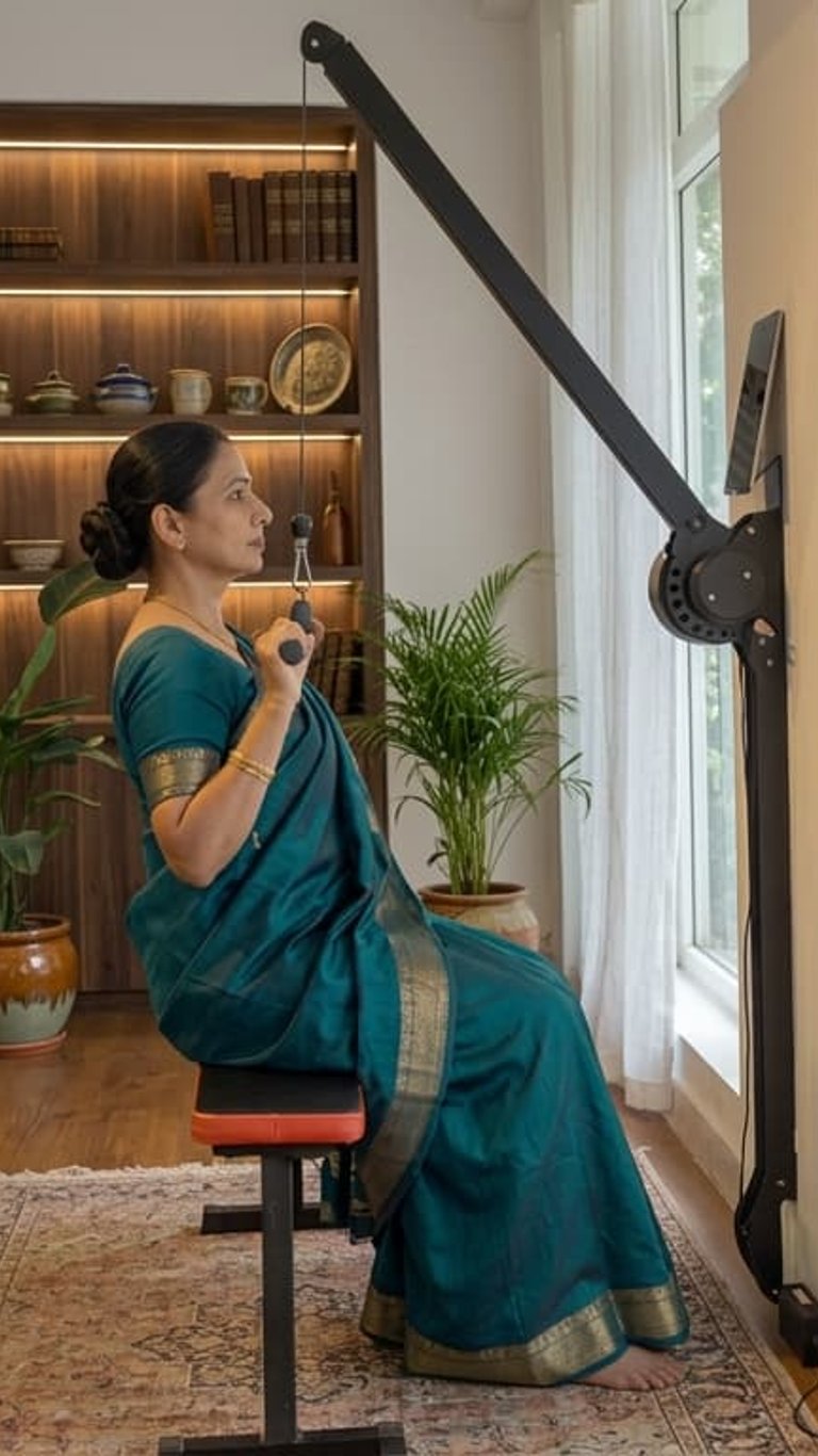 Woman using the Ferra strength machine at home