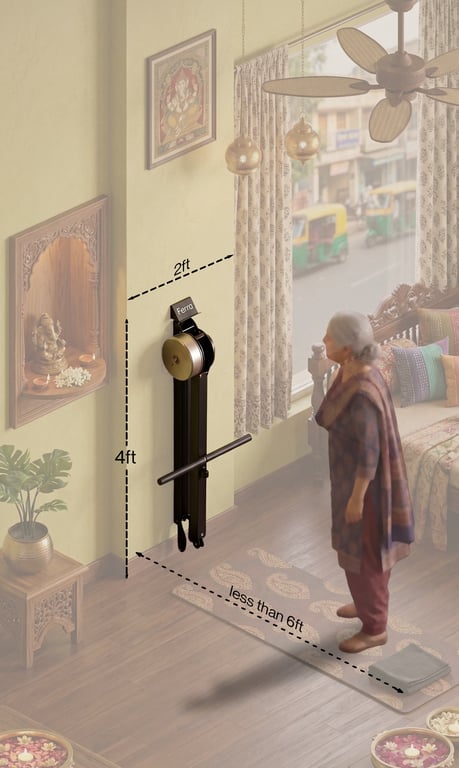 Ferra machine tucked into a small corner — less footprint than a yoga mat