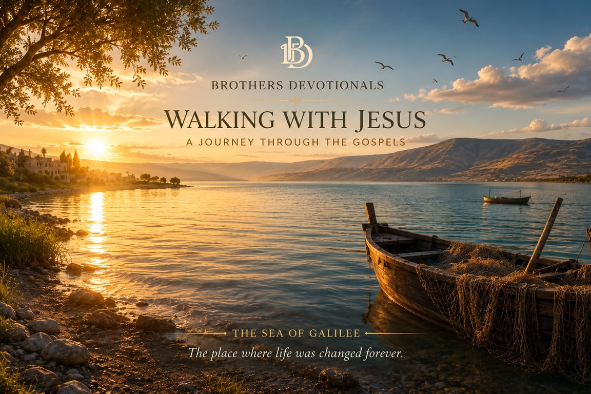 Jesus walking beside the Sea of Galilee