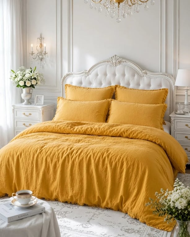 Mustard Yellow / Saffron Double-Layer Crinkle Muslin Cotton Bedding Set