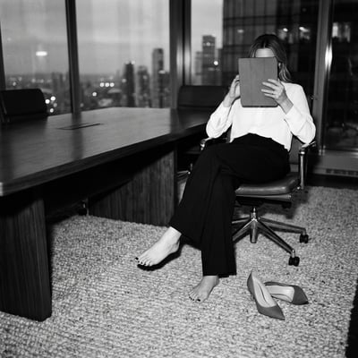 Boardroom Dominance with Bare Feet Resting