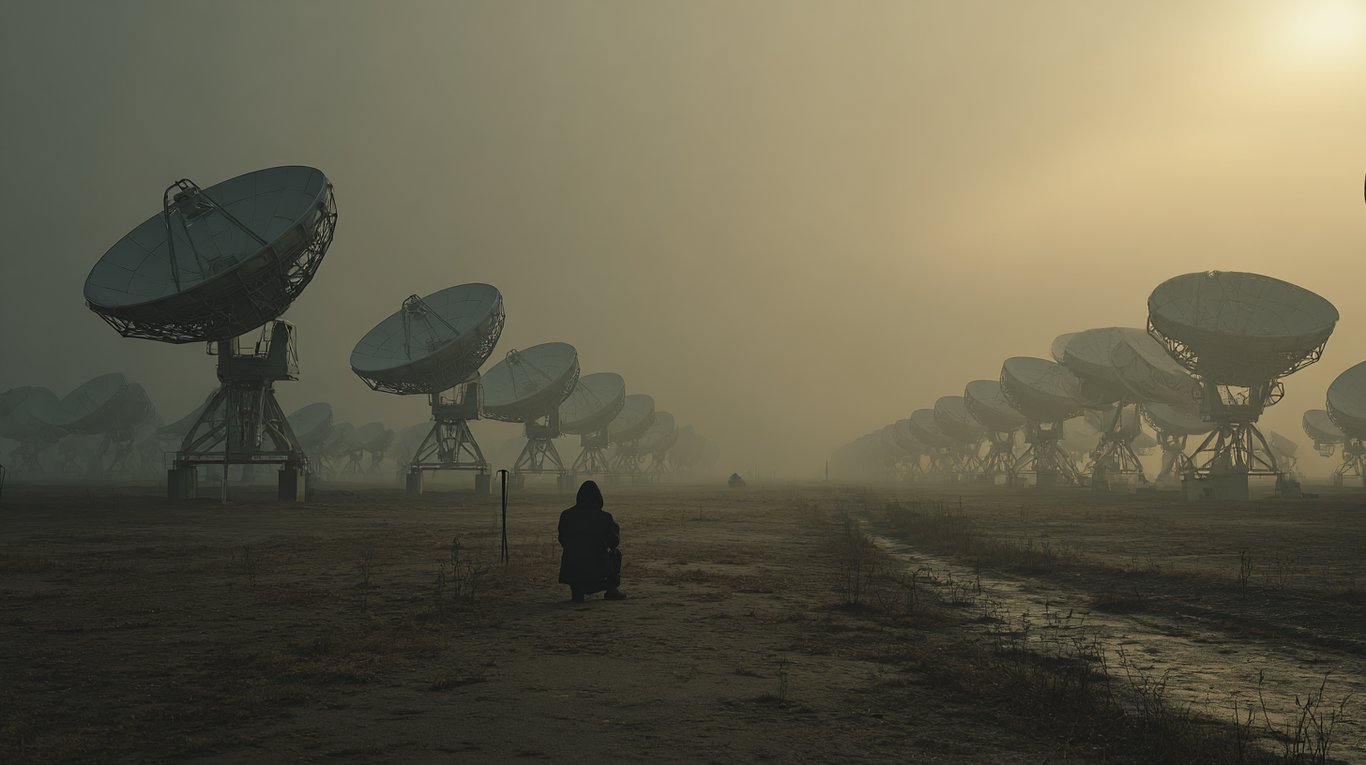 A lone surveyor kneeling in an endless field of satellite dishes pointed at the sky, pressing one hand against bare earth, a single measuring stake beside them while the dishes stretch to the horizon