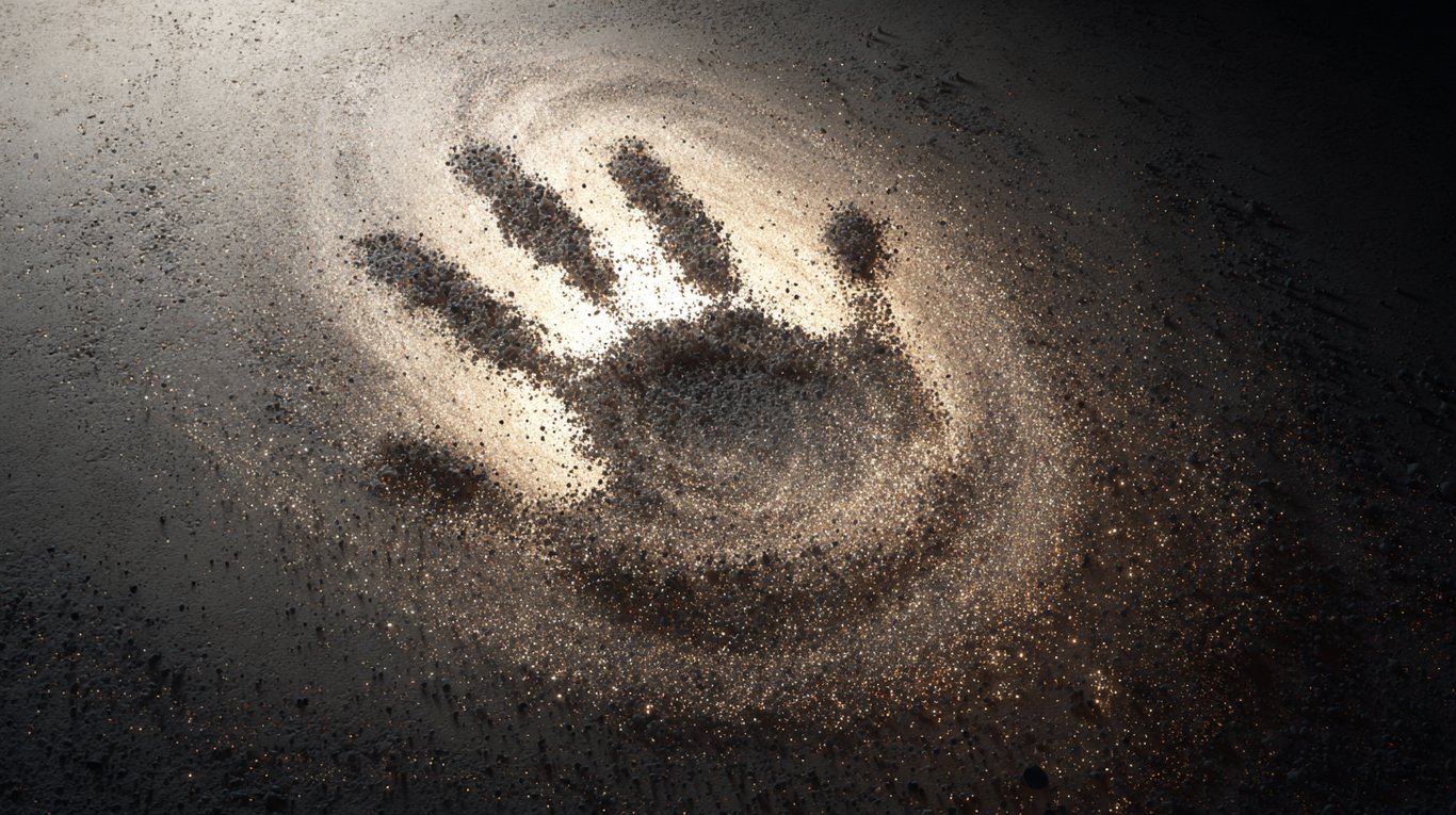 A single human handprint pressed into a vast wall of pale cosmic dust, the dust particles catching light and beginning to spiral into the faint suggestion of a galaxy, the handprint already half-erased by the rotation