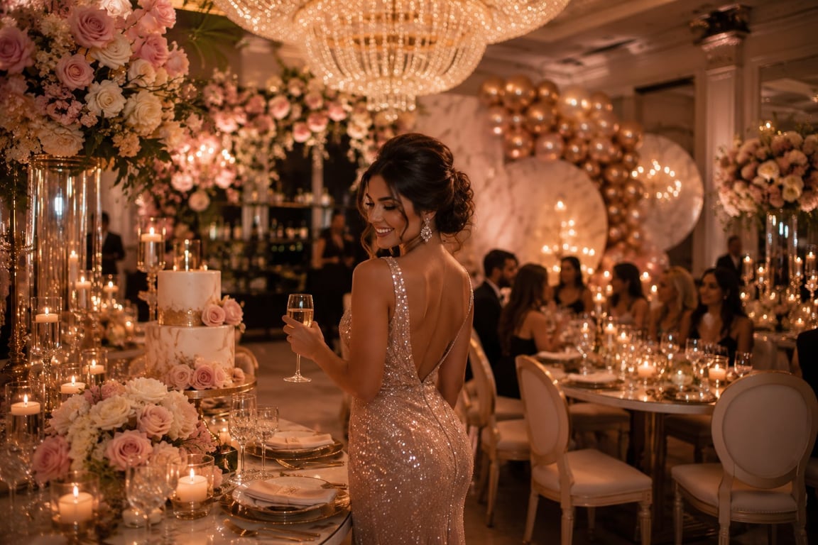 Guest of honor in a sparkling gown holding champagne beside a tiered cake at a candlelit adult birthday party with pink florals and gold balloon decor in Los Angeles