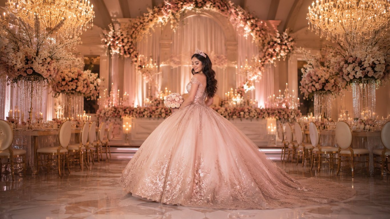 Quinceañera in a blush ball gown and tiara standing in a candlelit Los Angeles ballroom with pink floral arches, chandeliers, and elegant table settings