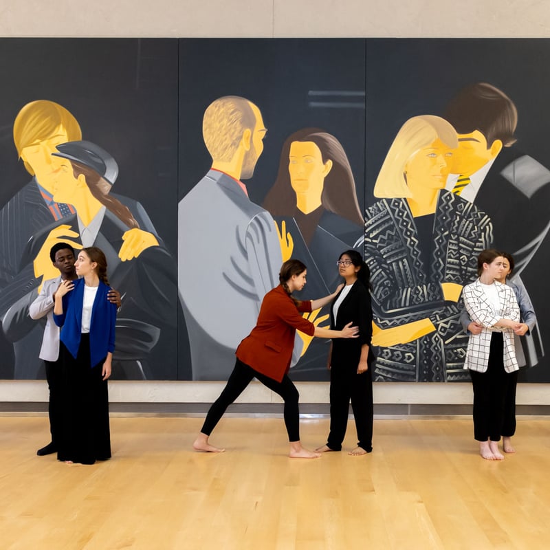 dancers in costumes in front of an Alex Katz painting