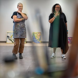 Executive Director of the Lunder Institute for American Art Erica Wall (right) talks with artist Tessa Greene O’Brien about her work