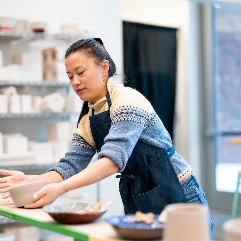 Newly minted pottery is placed on a shelf in the Ticonic Clay Studio at the Paul J. Schupf Arts Center