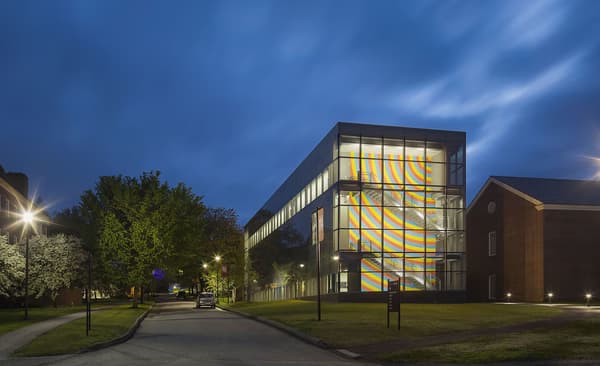 Photograph of the Colby College Museum of Art taken at night.