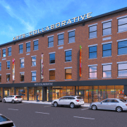 This rendering shows how 14 and 20 Main Street will be converted into a new arts collaborative, with the first floor open for exhibitions, performances, and events and the upper floors housing artist studios and the Lunder Institute.