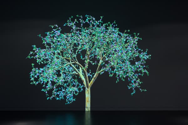 A digital animation of a tree in full bloom, its branches covered with vibrant green leaves and purple blossoms
