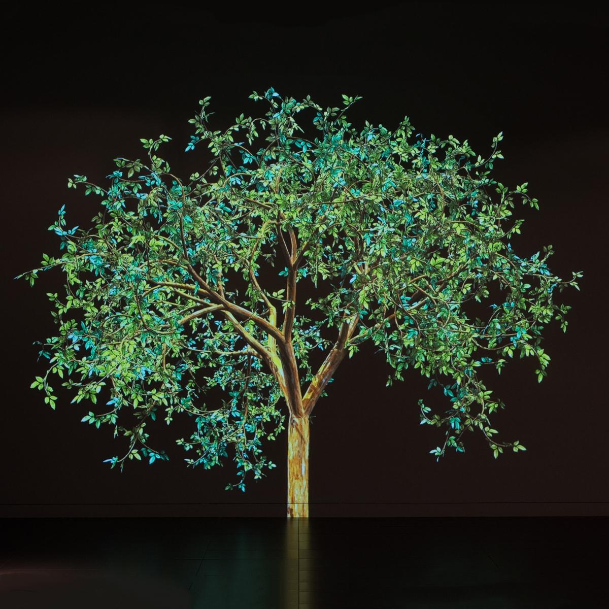 Digital rendering of a tree with green and blue leaves against a black background