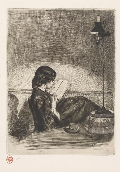 An etching of a person reading a book by a table lamp, with a teacup on the table.