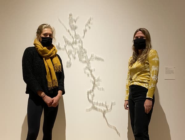 Two students stand next to a white wall with Maya Lin's Pin City installation
