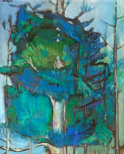 Abstract painting of a forest with shades of green and blue.