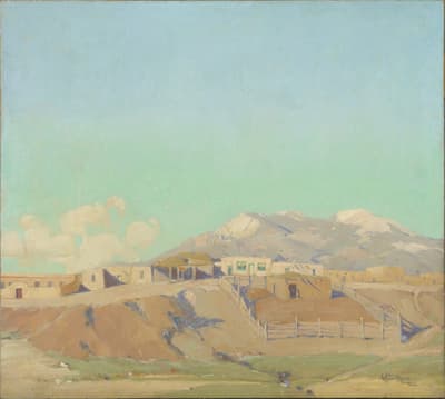 A painting of a desert settlement with adobe buildings and mountains under a clear sky.