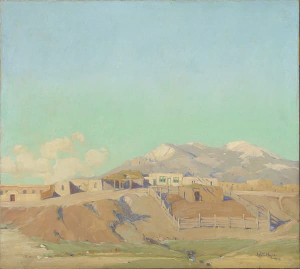 A painting of a desert settlement with adobe buildings and mountains under a clear sky.