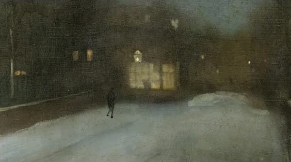 Painty of a figure walking through a snowy town at night.