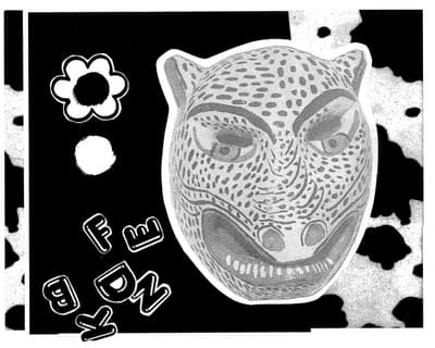 Black-and-white image of a stylized animal mask with dot patterns and abstract shapes and letters.