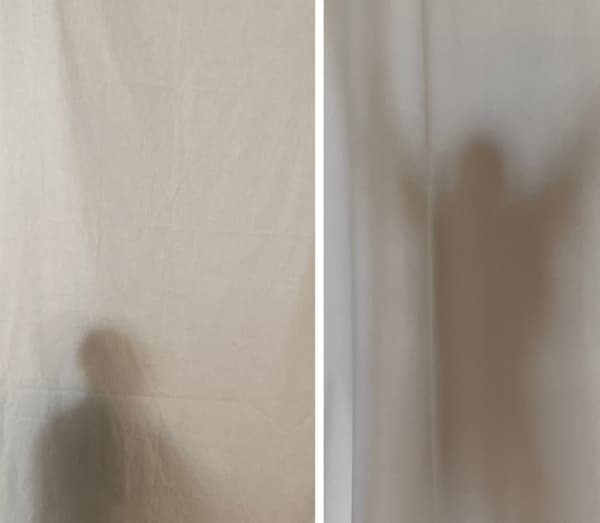 Two blurred silhouettes behind sheer curtains, one facing forward and the other with arms raised.