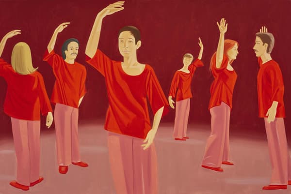 In a painting by artist Alex Katz, a group of dancers wearing red shirts and pink pants stand facing different directions with their left arms lifted above their heads.