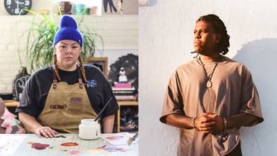 Side by side images of Genevieve Gaignard and Jon Gray.