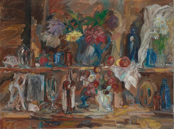 Painting by Ashley Bryan depicting a still life scene of flowers, bottles, vessels, and fruits.
