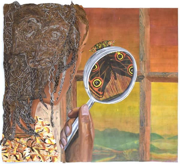 Painting by Paula Wilson of a woman holding up a magnifying class to a moth.