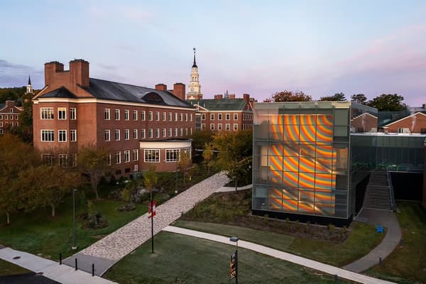 View of the Colby Museum and surrounding campus at sunset. Miller Library seen in the background