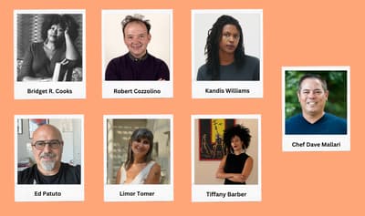 Composite image of August 2023 Summer Think Tank participants on top of an orange background.