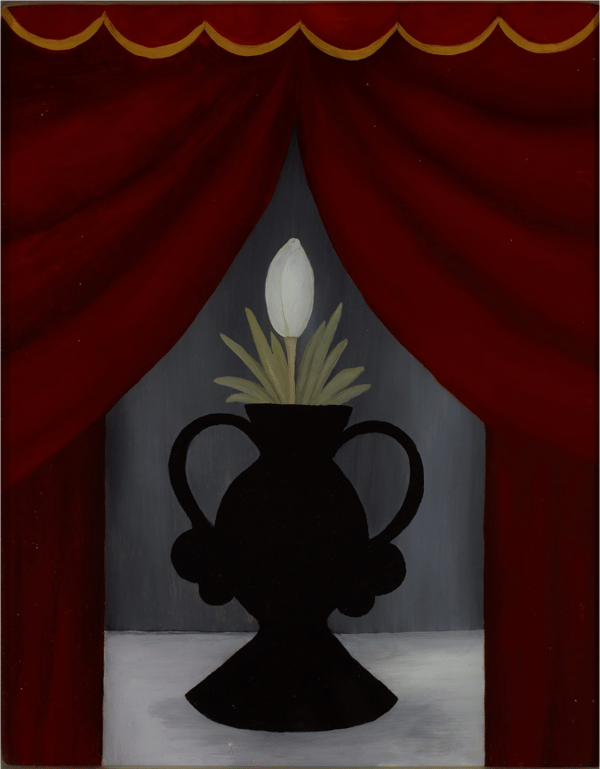Oil on glass painting by Rebecca Salsbury James depicting in silhoutte a single white flower in a snark vase, framed by red curtains