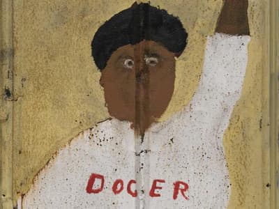 Naive painting of a person with the word "DOGER" on their white shirt.