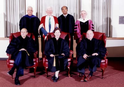 1998 Colby College Honorary Degree recipients. Seated from left: Supreme Court Justice Stephen Breyer; Paula Lunder; Peter Lunder. Standing from left: Larry Pugh, Chair of Board of Trustees; Nobel Prize winner and Physics Professor Norman F. Ramsey; Author and English Professor John Edgar Wideman; President William Cotter