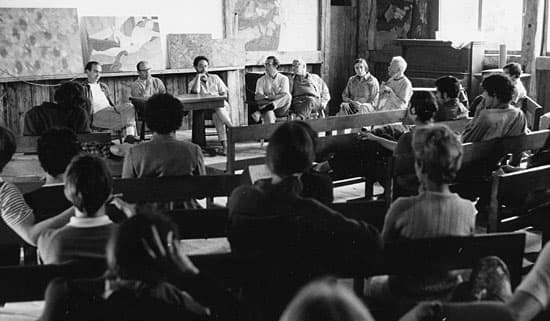 Archival image of faculty seminar in 1967 with Robert Mangold, Philip Pearlstein, James McGarrell, Sidney Hurwitz, Henry Varnum Poor, Ann Poor, and Ben Shahn