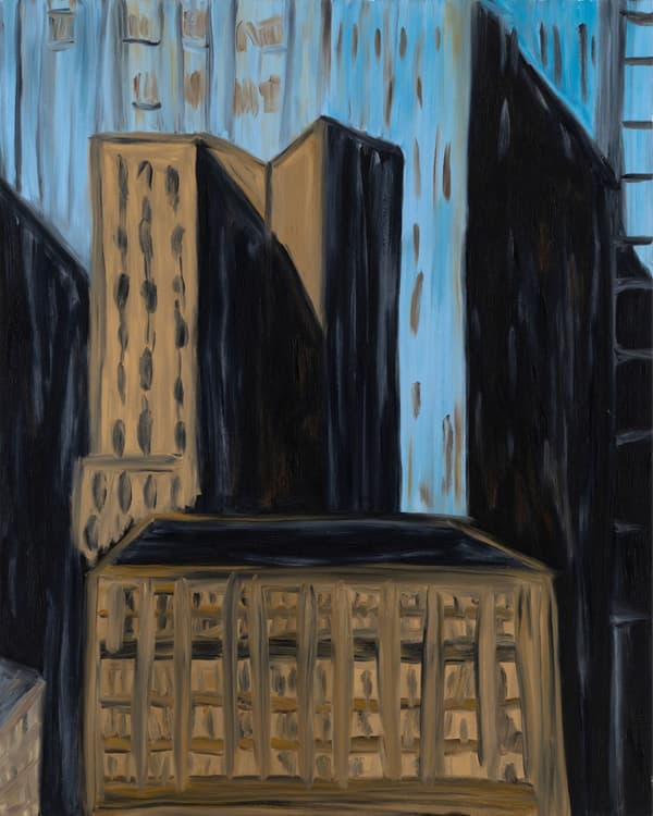 Oil painting by Martha Diamond of buildings