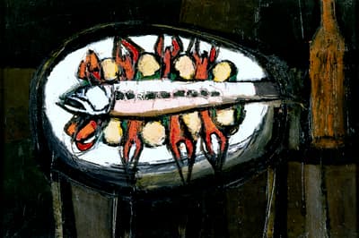 Painting depicting a plated trout surrounded by langoustines.