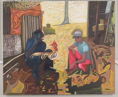 A painting of two figures seated with a rooster between them in a rural setting, with abstract patterns and wooden structures in the background.