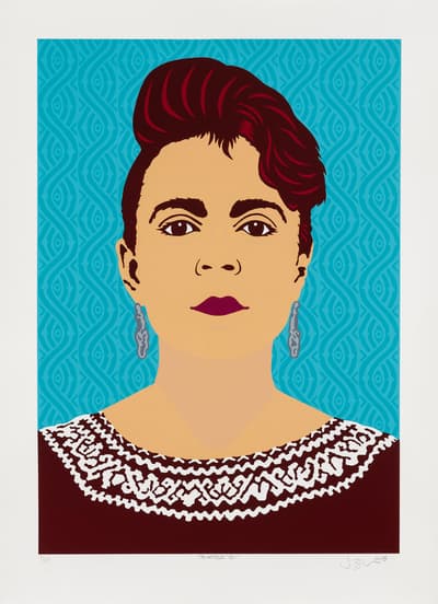 Portrait of female figure with earrings on patterned, aqua blue background.