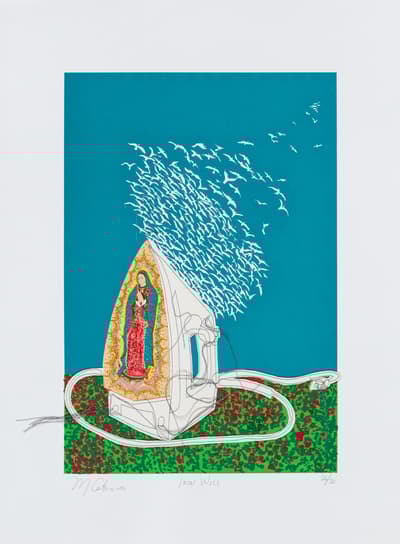 A screenprint depicting a praying figure resembling Maria on the bottom of an iron. What would be steam released into the air is a flock of birds rising up into a blue sky.