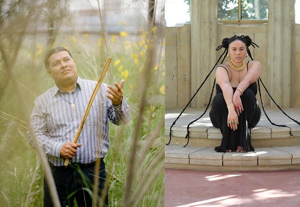 Two portraits presented side by side of the two musical artists