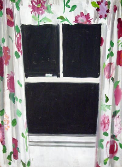 Painting of a window with floral curtains, open to a black exterior