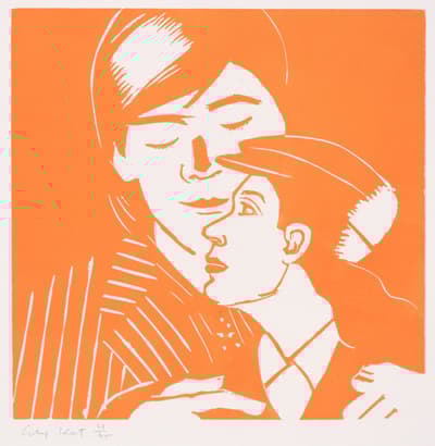 An orange woodcut depicting two people in a tender pose.