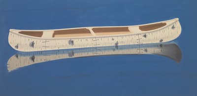 A painting by Alex Katz of a white canoe in still water.