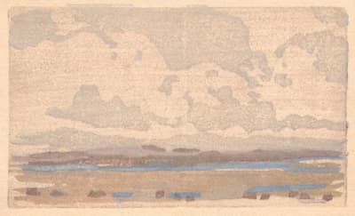 Abstract landscape with clouds, distant land, and a patch of blue water.