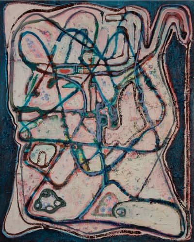 Abstract painting with overlapping blue, teal, and pink lines on a textured off-white background.