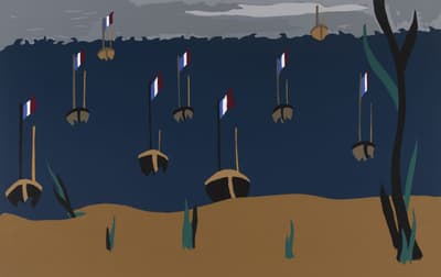 Ships with flags of red, white, and blue, positioned in open water, facing towards land.