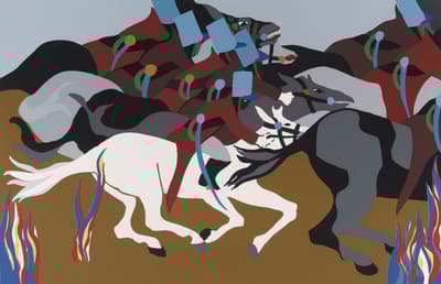 A group of soldiers in red with blue hats riding horses forwards.